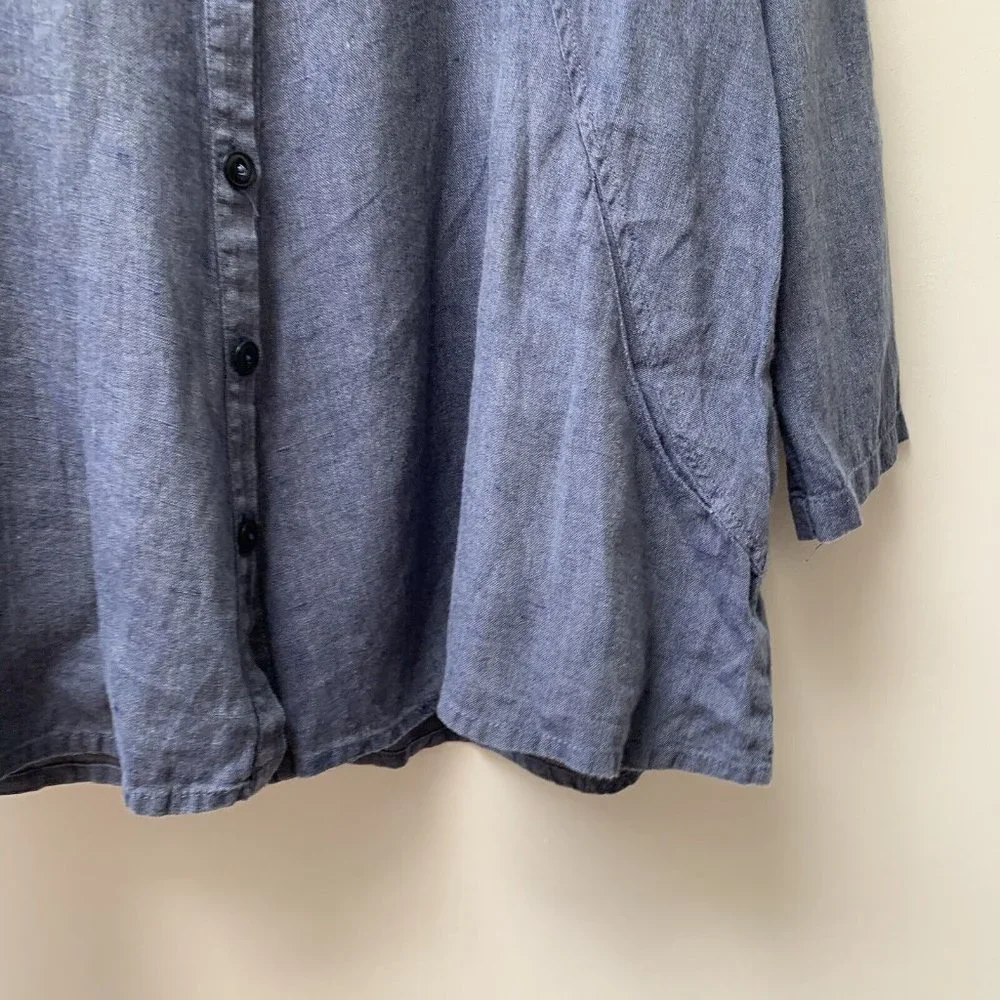 FLAX Linen Tunic Top Size Small Blue Holiday Relaxed Oversized Long Sleeves - Picture 7 of 10